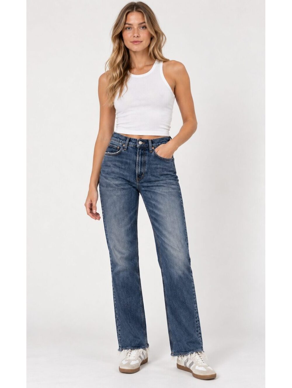 AGOLDE High Rise Stovepipe Straight Jeans Raw Hem Blue Size 25